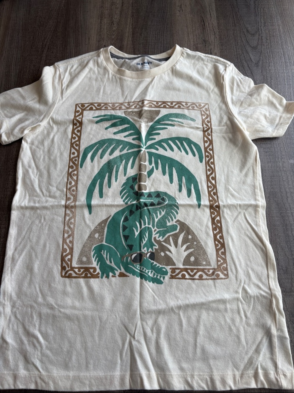 Old Navy Cream Tee with Green Palm & Brown Frame Graphic